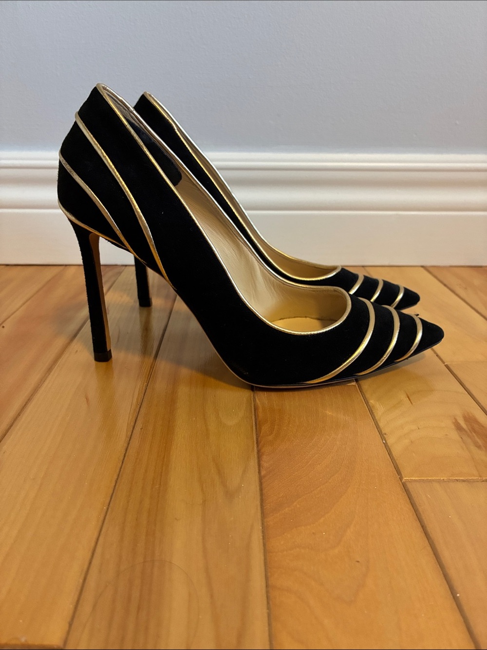 Jimmy Choo Black Suede Pointed Pump with Gold Piping